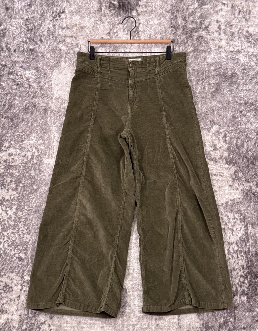 Free People Libre Cord Pants 30 Womens Green Corduroy Seamed Front Wide Crop Leg